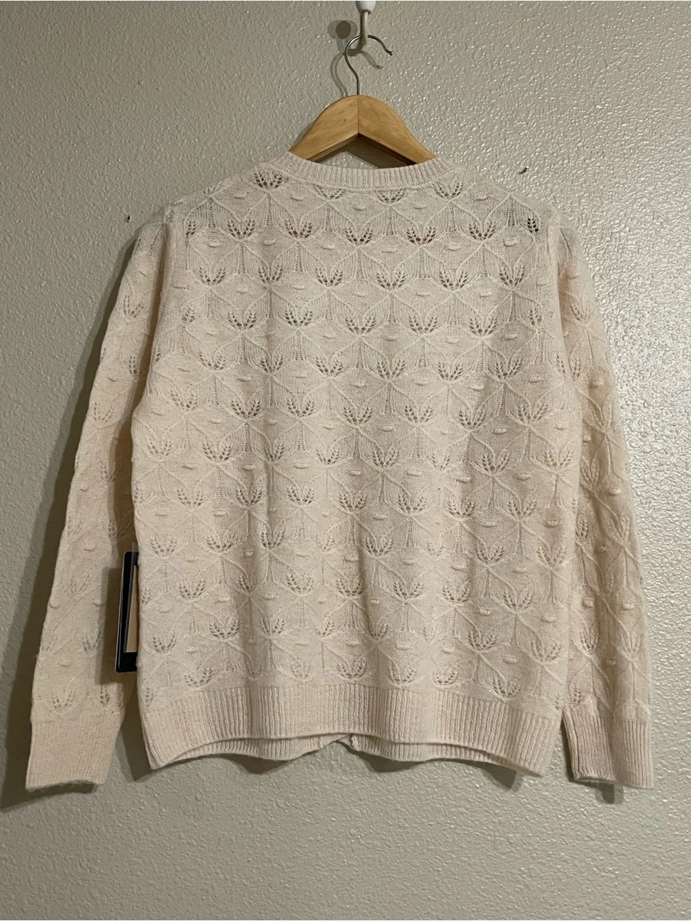 100% Merino Wool Pointelle Knit Cardigan Sweater Cream Leaf